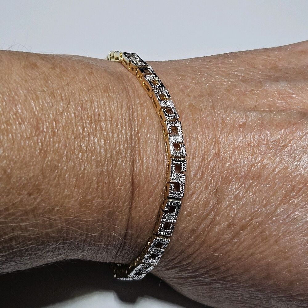 Seta Sterling Silver Gold Vermeil Diamond Chip Greek Ket Pattern Bracelet 6.75"